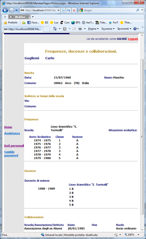 Pagina della carriera scolastica