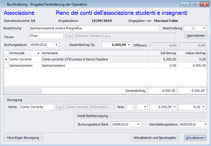 Operazione contabile con form in tedesco.